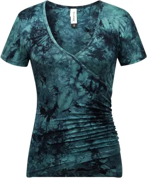 Beauhuty Women's Deep V Neck Short Sleeve Front Wrap Ruched Sexy Slim Fit Tops
