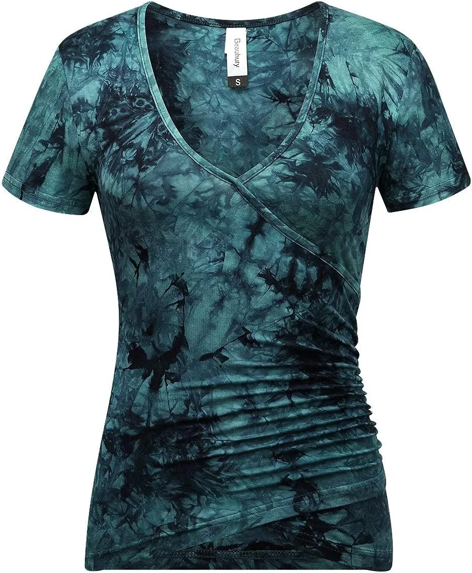 Beauhuty Women's Deep V Neck Short Sleeve Front Wrap Ruched Sexy Slim Fit Tops
