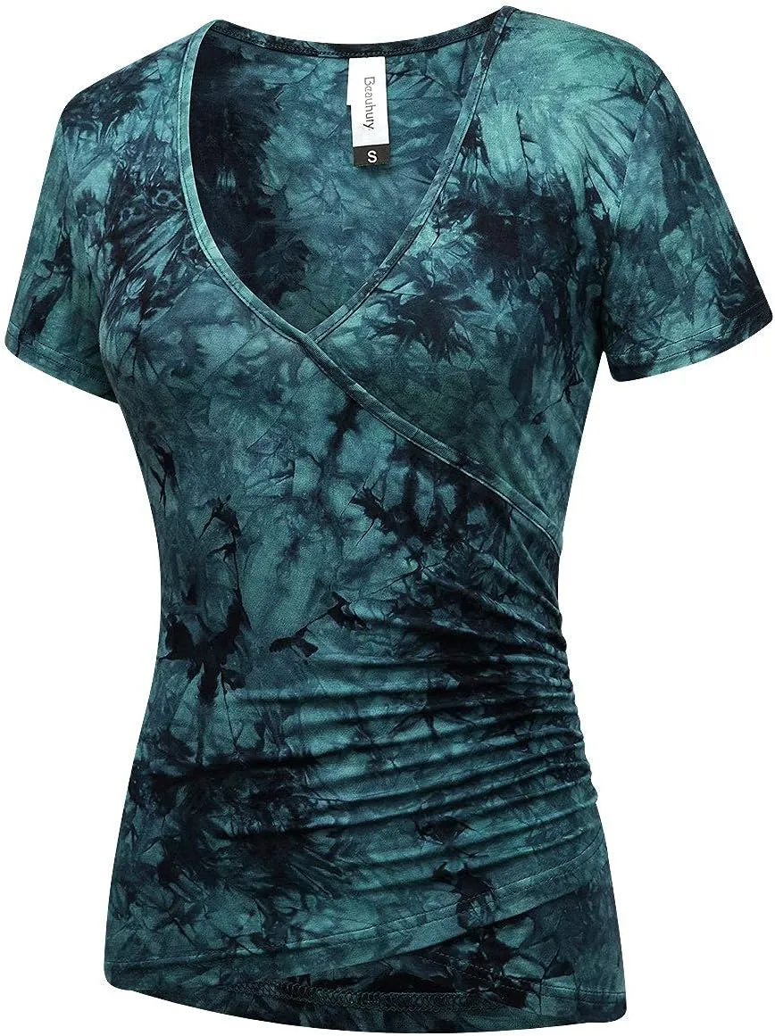Beauhuty Women's Deep V Neck Short Sleeve Front Wrap Ruched Sexy Slim Fit Tops