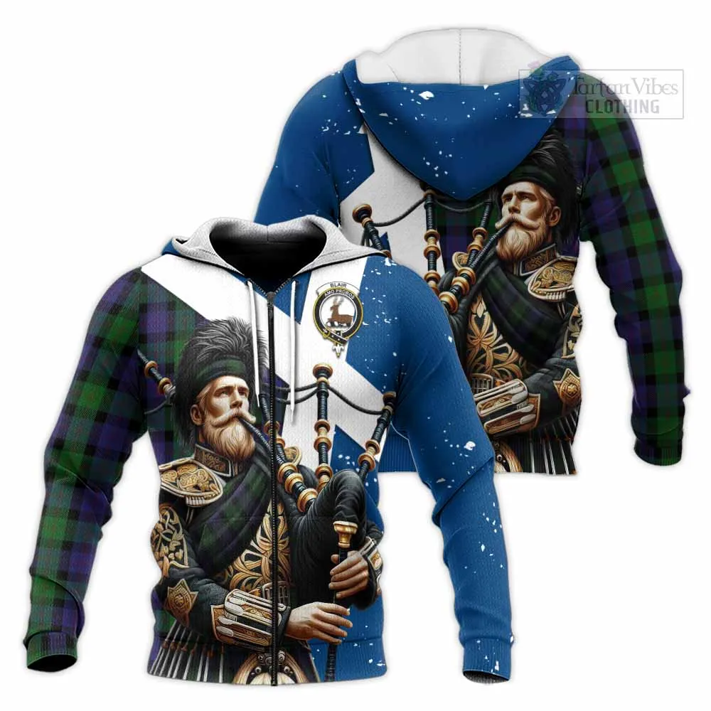 Blair Tartan Knitted Hoodie with Family Crest Scottish Bagpiper Vibes