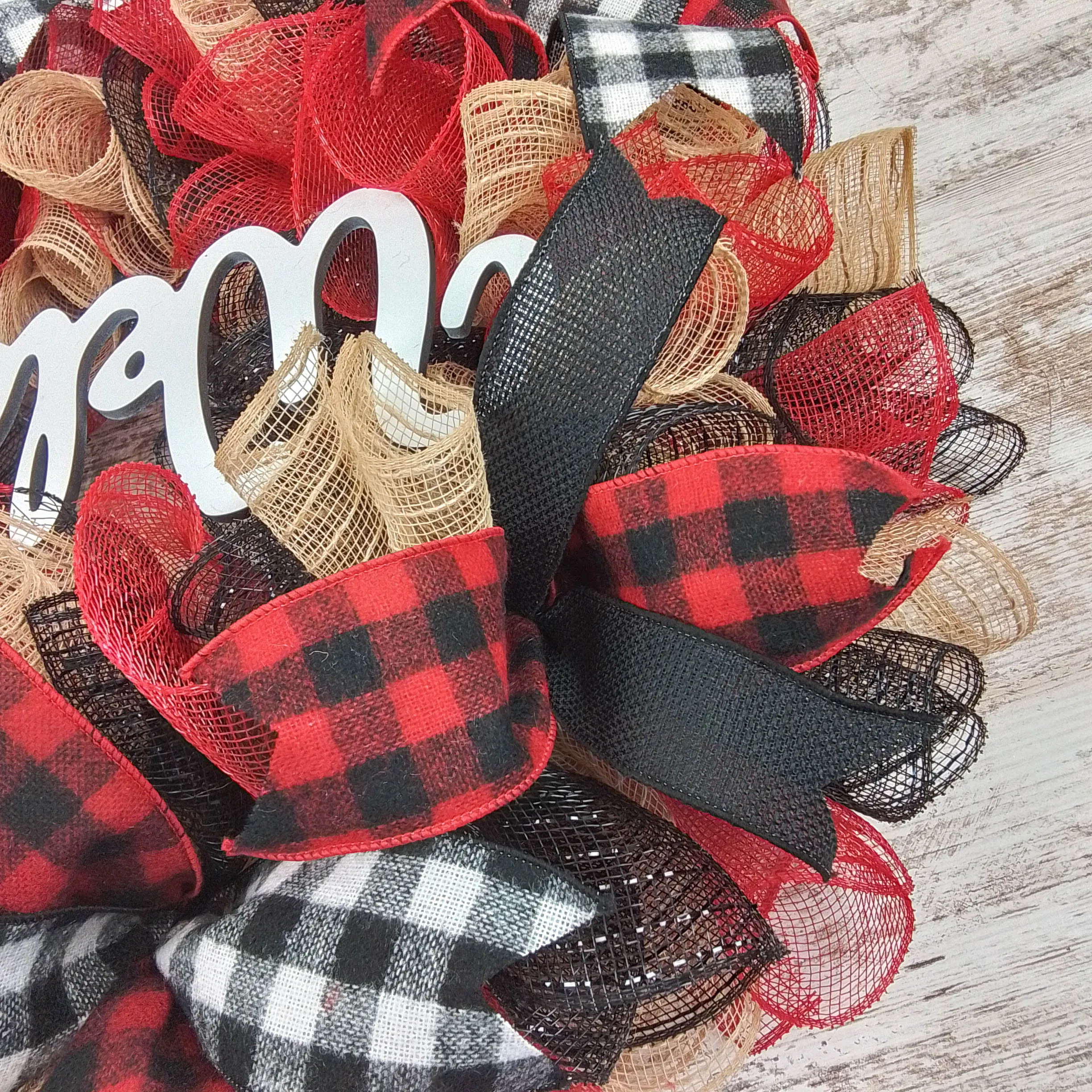 Buffalo Plaid Check Wreath - Front Door Outdoor Mesh Christmas Decor Red Black Burlap