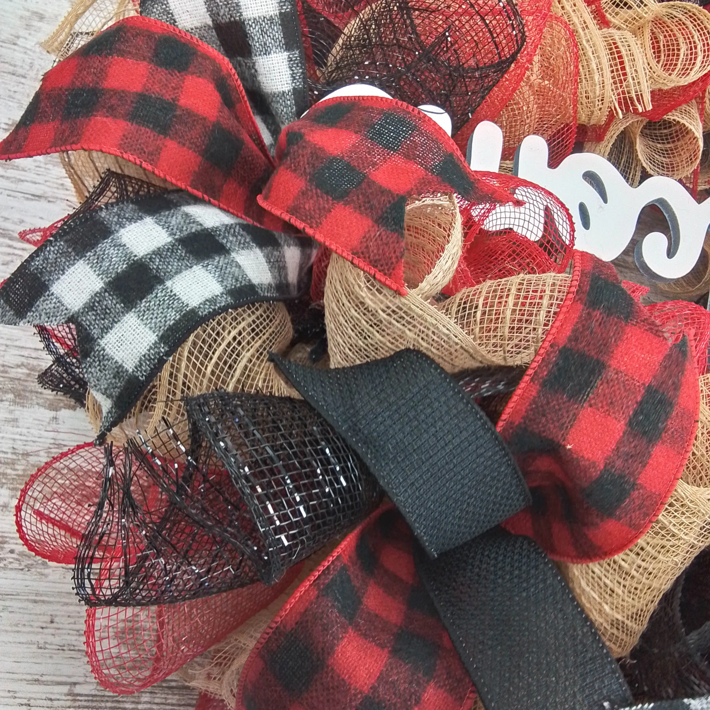 Buffalo Plaid Check Wreath - Front Door Outdoor Mesh Christmas Decor Red Black Burlap