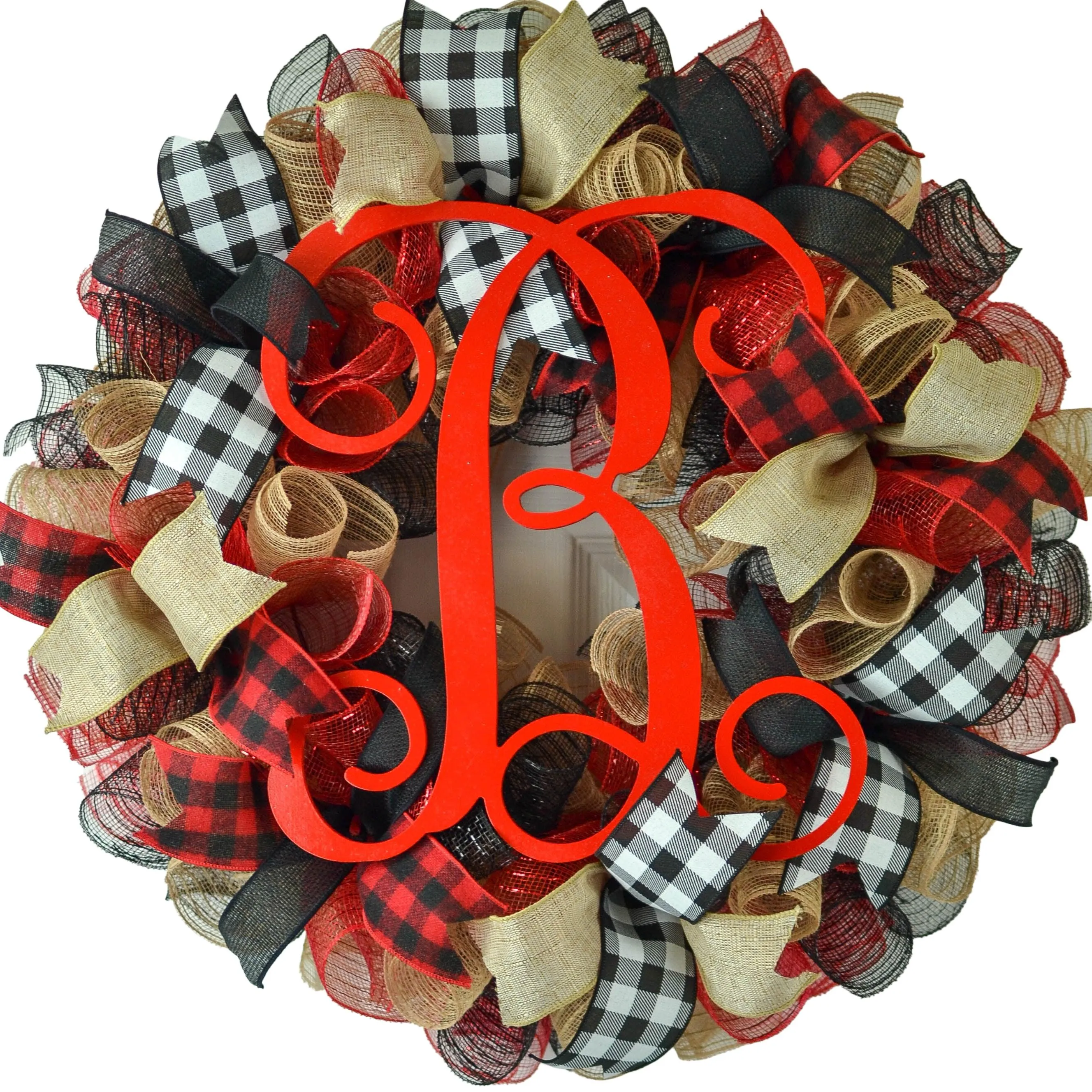 Buffalo Plaid Check Wreath - Front Door Outdoor Mesh Christmas Decor Red Black Burlap