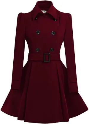 ForeMode Women Swing Double Breasted Wool Pea Coat with Belt Buckle Spring Mid-Long Long Sleeve Lapel Dresses Outwear