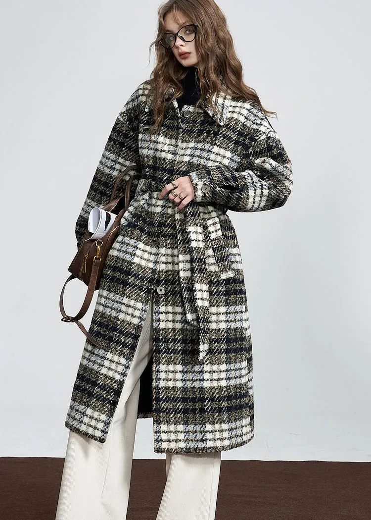 Gray Plaid Single Breasted Wool Blend Coat