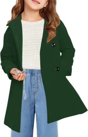 Haloumoning Girls Double Breasted Pea Coat Kids Long Sleeve Notched Lapel Winter Dress Coat With Pockets 5-14 Years