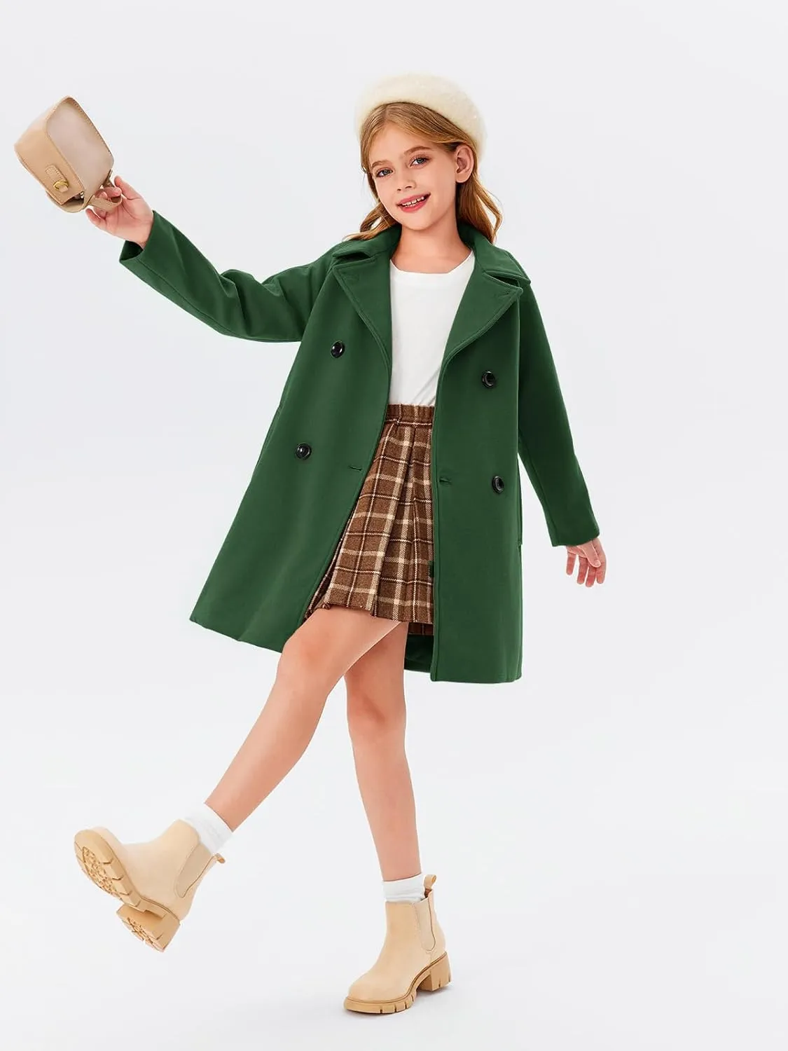Haloumoning Girls Double Breasted Pea Coat Kids Long Sleeve Notched Lapel Winter Dress Coat With Pockets 5-14 Years