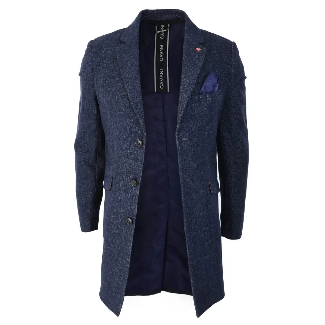 Roman - Men's 3/4 Wool Overcoat Jacket Herringbone Tweed 3 Button Coat