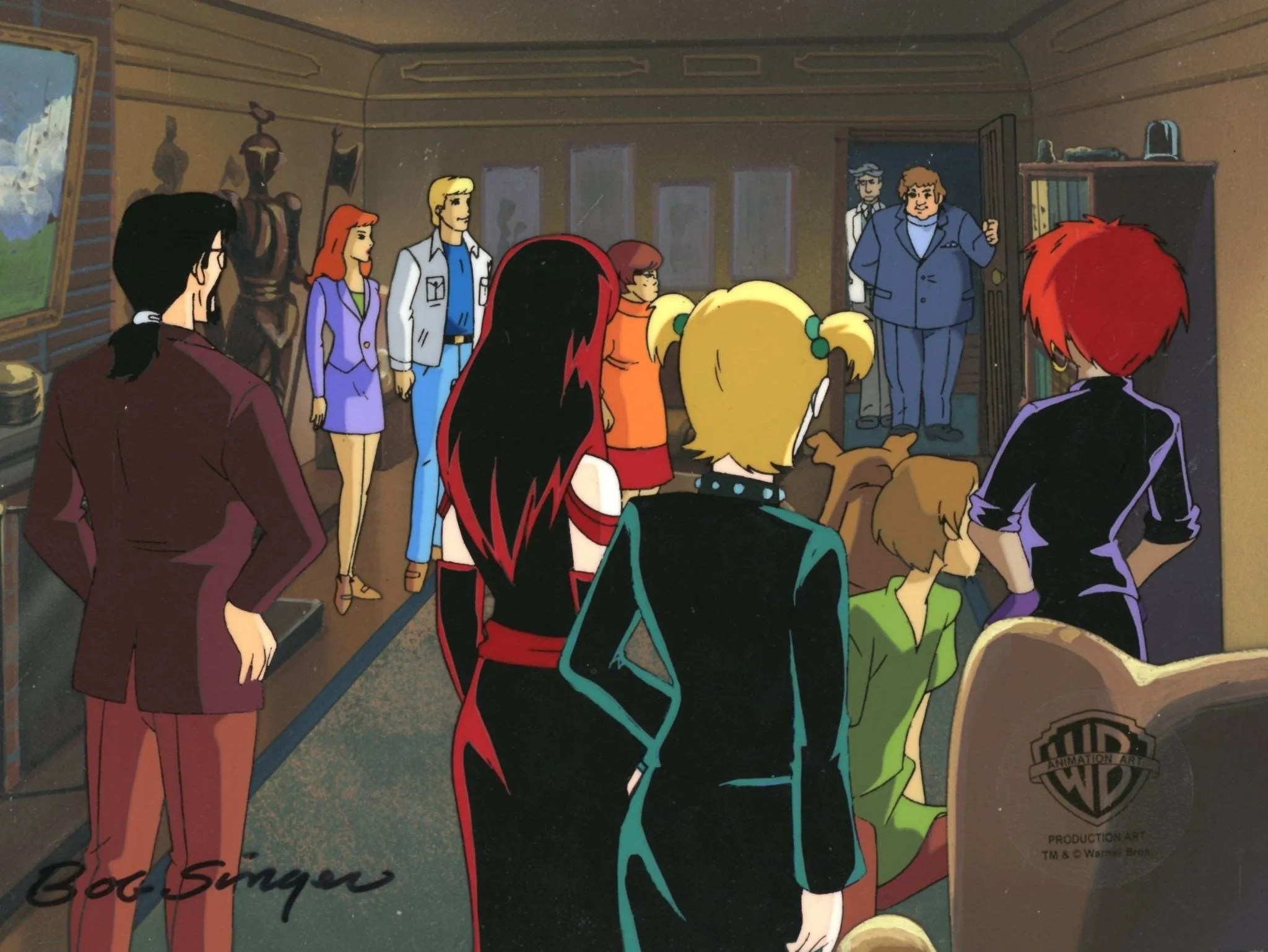 Scooby-Doo and the Witch's Ghost Original Production Cel on Original Production Background: The Hex Girls, The Mystery Gang, Ben Ravencroft, and Mayor Corey