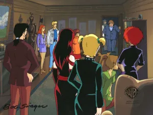 Scooby-Doo and the Witch's Ghost Original Production Cel on Original Production Background: The Hex Girls, The Mystery Gang, Ben Ravencroft, and Mayor Corey