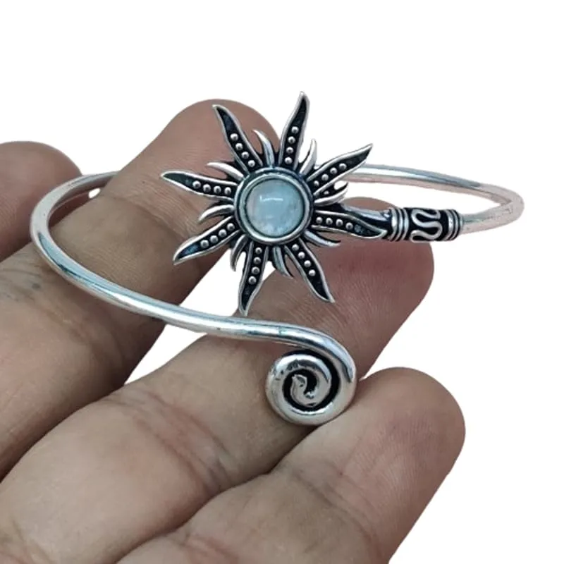 Silver Sunburst Bangle, Rainbow Moonstone Hand Cuff, Spiral Hand Cuff, Gemstone Cuff Bangle, Sun Bohemian Jewelry Gift