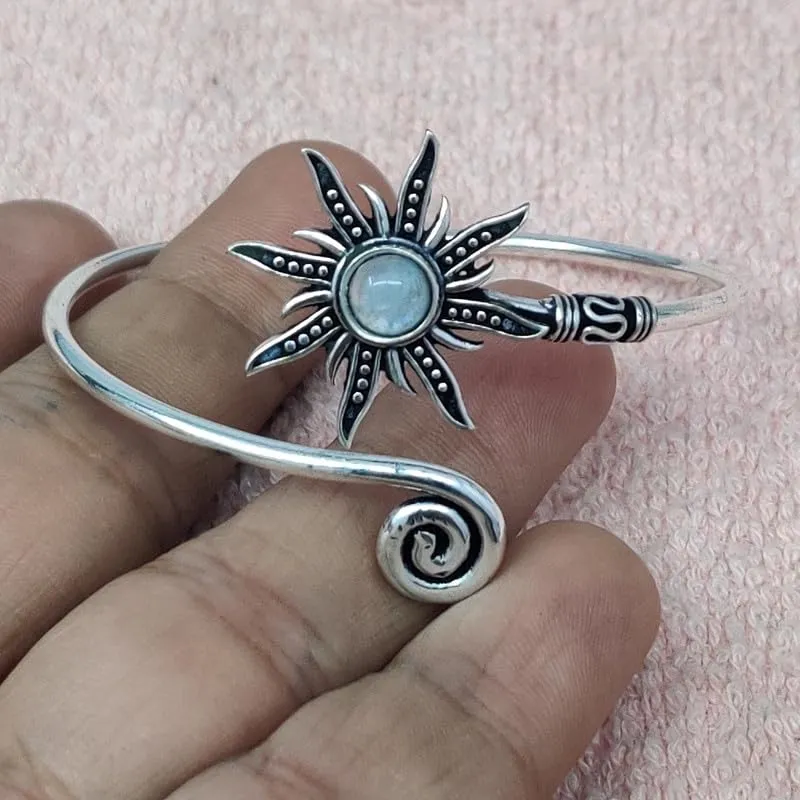 Silver Sunburst Bangle, Rainbow Moonstone Hand Cuff, Spiral Hand Cuff, Gemstone Cuff Bangle, Sun Bohemian Jewelry Gift