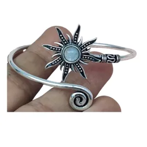 Silver Sunburst Bangle, Rainbow Moonstone Hand Cuff, Spiral Hand Cuff, Gemstone Cuff Bangle, Sun Bohemian Jewelry Gift