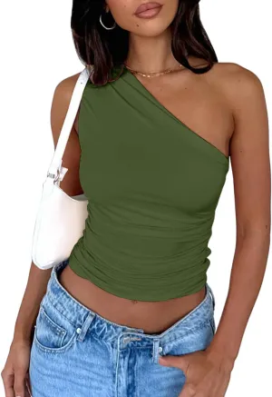 Women's One Shoulder Tank Top Sleeveless Ruched Slim Fit Y2K Basic Crop Top