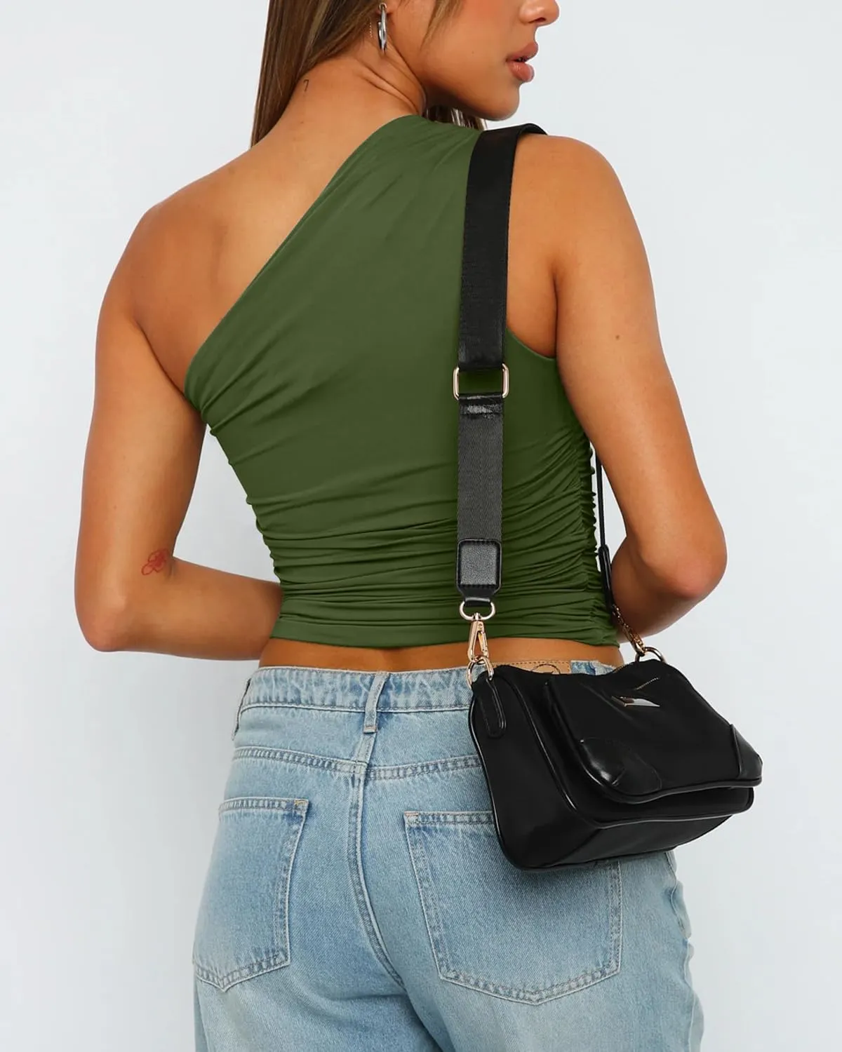 Women's One Shoulder Tank Top Sleeveless Ruched Slim Fit Y2K Basic Crop Top