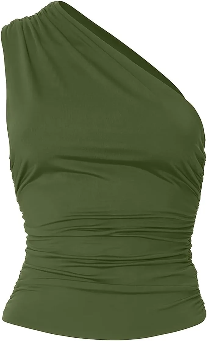 Women's One Shoulder Tank Top Sleeveless Ruched Slim Fit Y2K Basic Crop Top