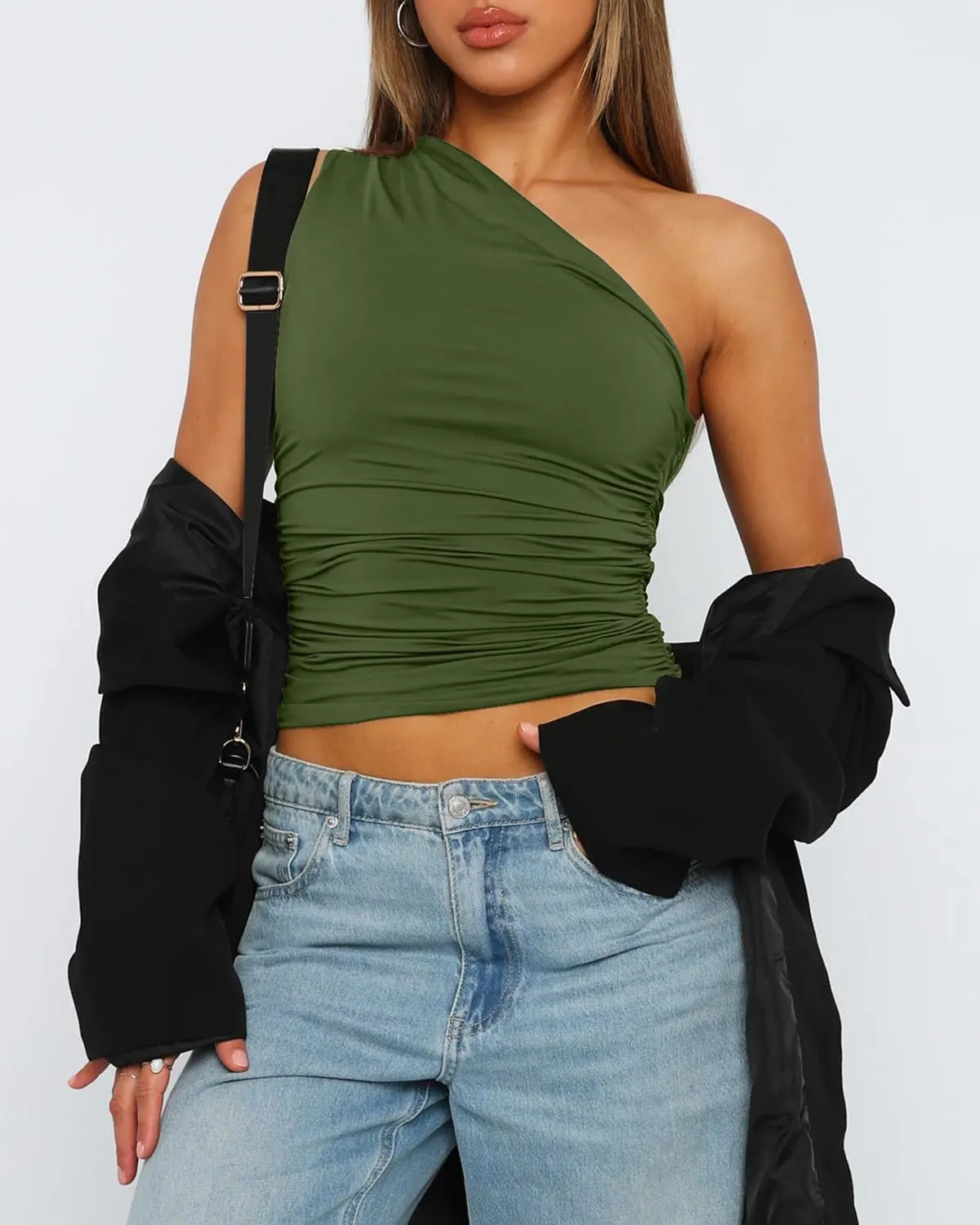 Women's One Shoulder Tank Top Sleeveless Ruched Slim Fit Y2K Basic Crop Top