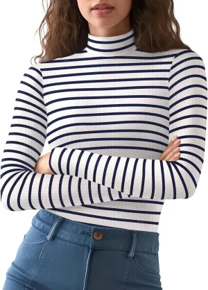Zengjo Striped Turtleneck Women Long Sleeve Shirt - Fitted Ribbed Mock Neck Basic Layering Undershirt