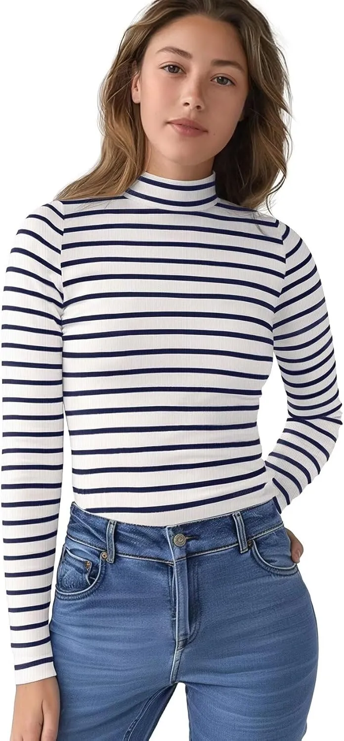 Zengjo Striped Turtleneck Women Long Sleeve Shirt - Fitted Ribbed Mock Neck Basic Layering Undershirt