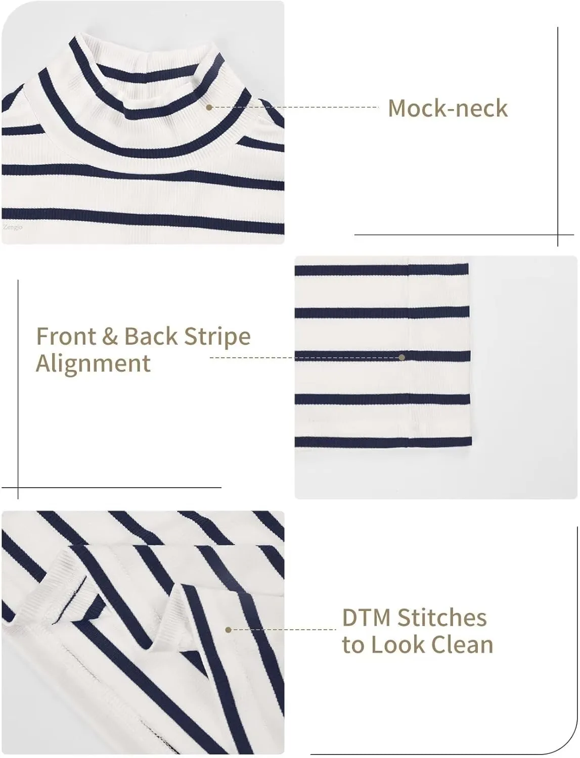 Zengjo Striped Turtleneck Women Long Sleeve Shirt - Fitted Ribbed Mock Neck Basic Layering Undershirt